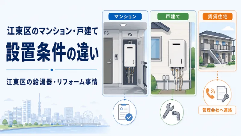 江東区のマンション・戸建て・賃貸住宅で異なる給湯器設置条件