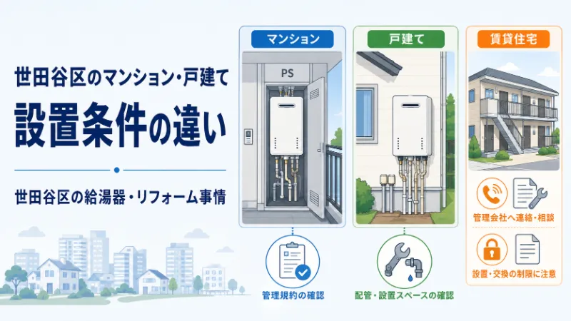 世田谷区のマンション・戸建て・賃貸住宅で異なる給湯器設置条件